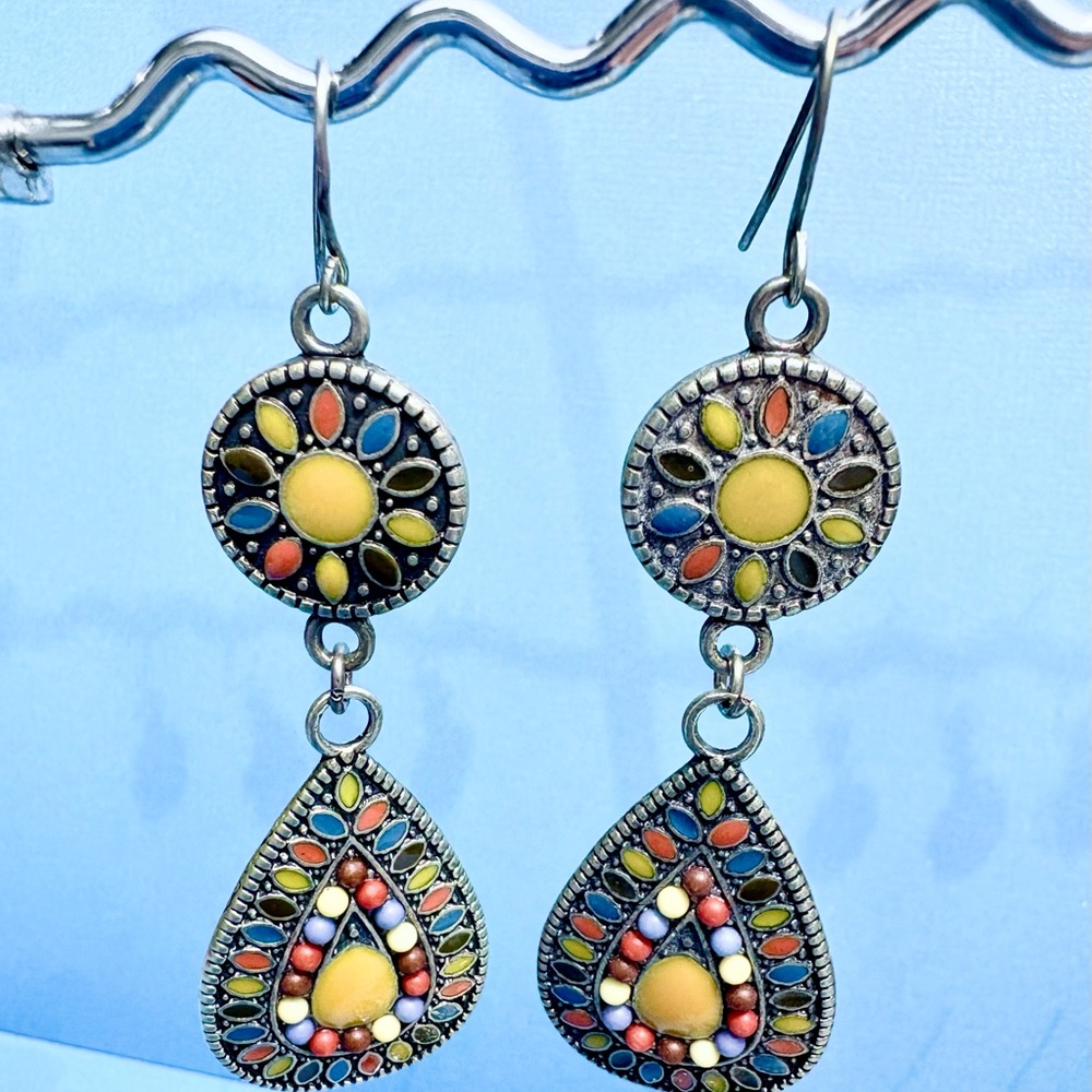 Earrings Pierced Bohemian Brass w/ Inlaid Painted Design Yellow Blue Orange Red